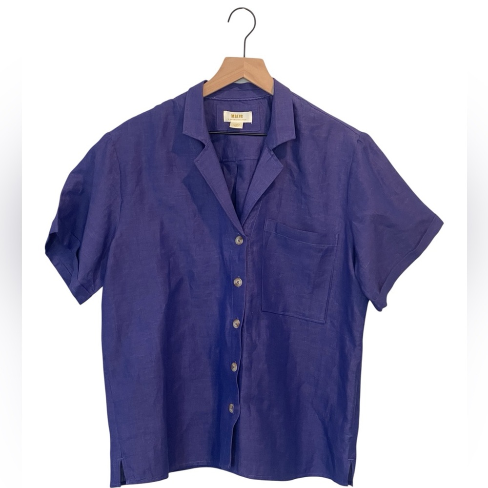 Maeve Linen Blend Short Sleeve Button-Down Shirt - Violet Blue, Anthropologie, L - Picture 2 of 16